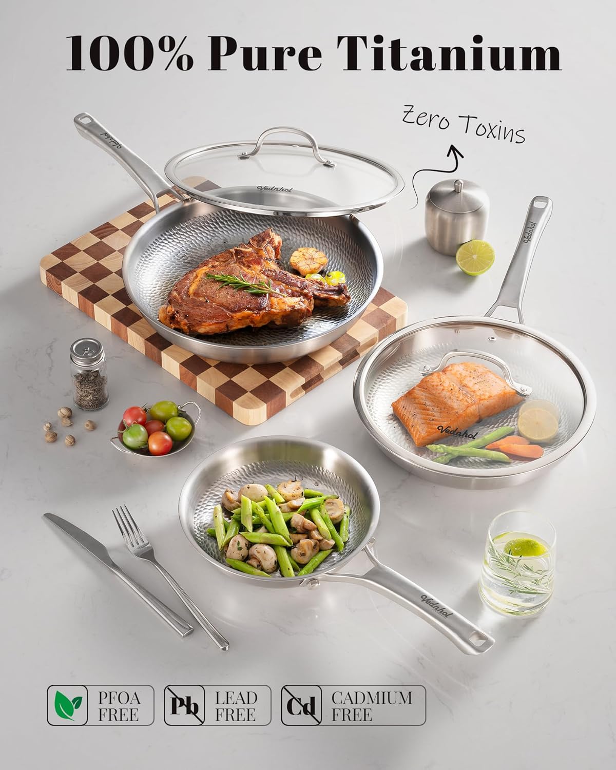 Titanium Pans set, 8 Pcs Pure Titanium Hammered Pro with Lids, Non Stick Skillet for Cooking, Non-Toxic, PFAS/PFOA/PTFE Free Cookware, Dishwasher&Oven Safe, Kitchen Induction Compatible - Image 6