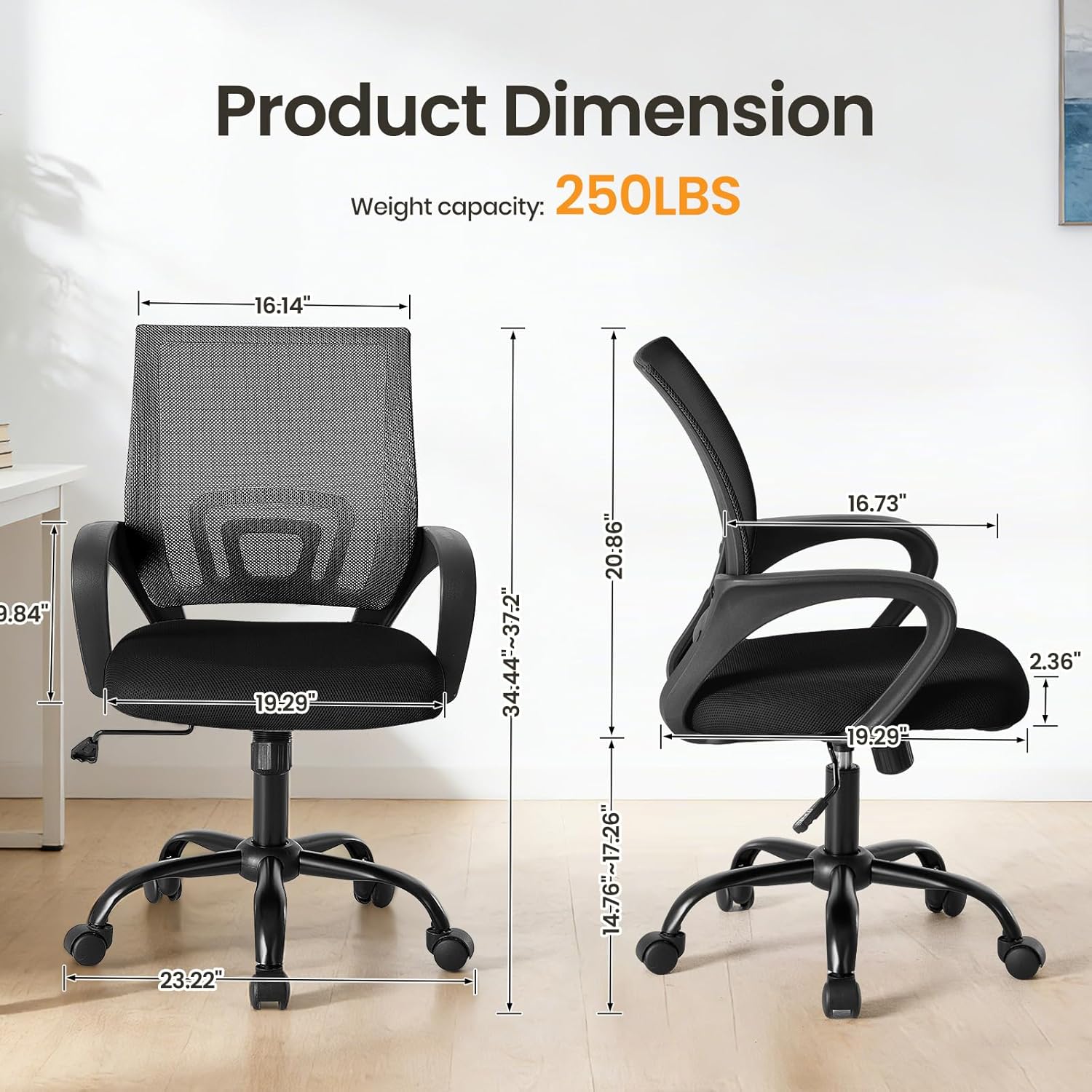 OLIXIS Office Desk Chair - Ergonomic Mid Back with Lumbar Support & Rocking Mode, Height Adjustable with Fixed Armrest, for Home, Computer, Gaming, Conference, Meeting, 360° Swivel, Black, 2 Pack - Image 3