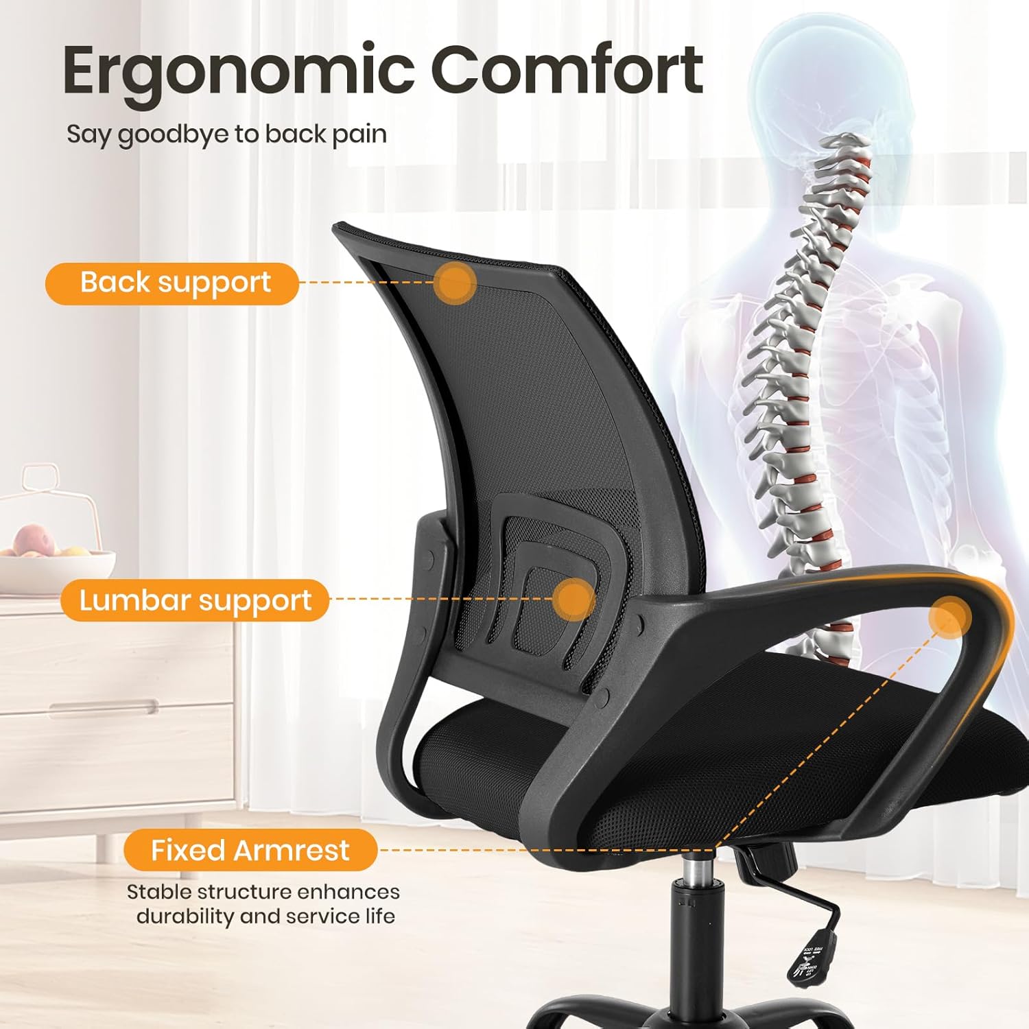 OLIXIS Office Desk Chair - Ergonomic Mid Back with Lumbar Support & Rocking Mode, Height Adjustable with Fixed Armrest, for Home, Computer, Gaming, Conference, Meeting, 360° Swivel, Black, 2 Pack - Image 4