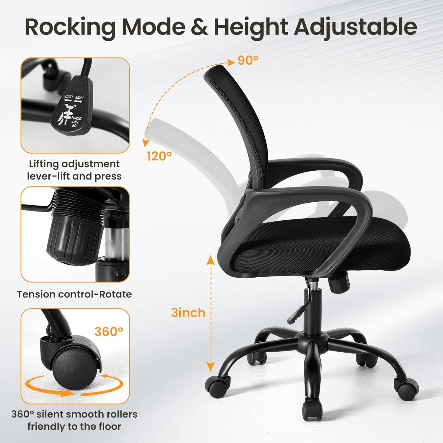 OLIXIS Office Desk Chair - Ergonomic Mid Back with Lumbar Support & Rocking Mode, Height Adjustable with Fixed Armrest, for Home, Computer, Gaming, Conference, Meeting, 360° Swivel, Black, 2 Pack - Image 5