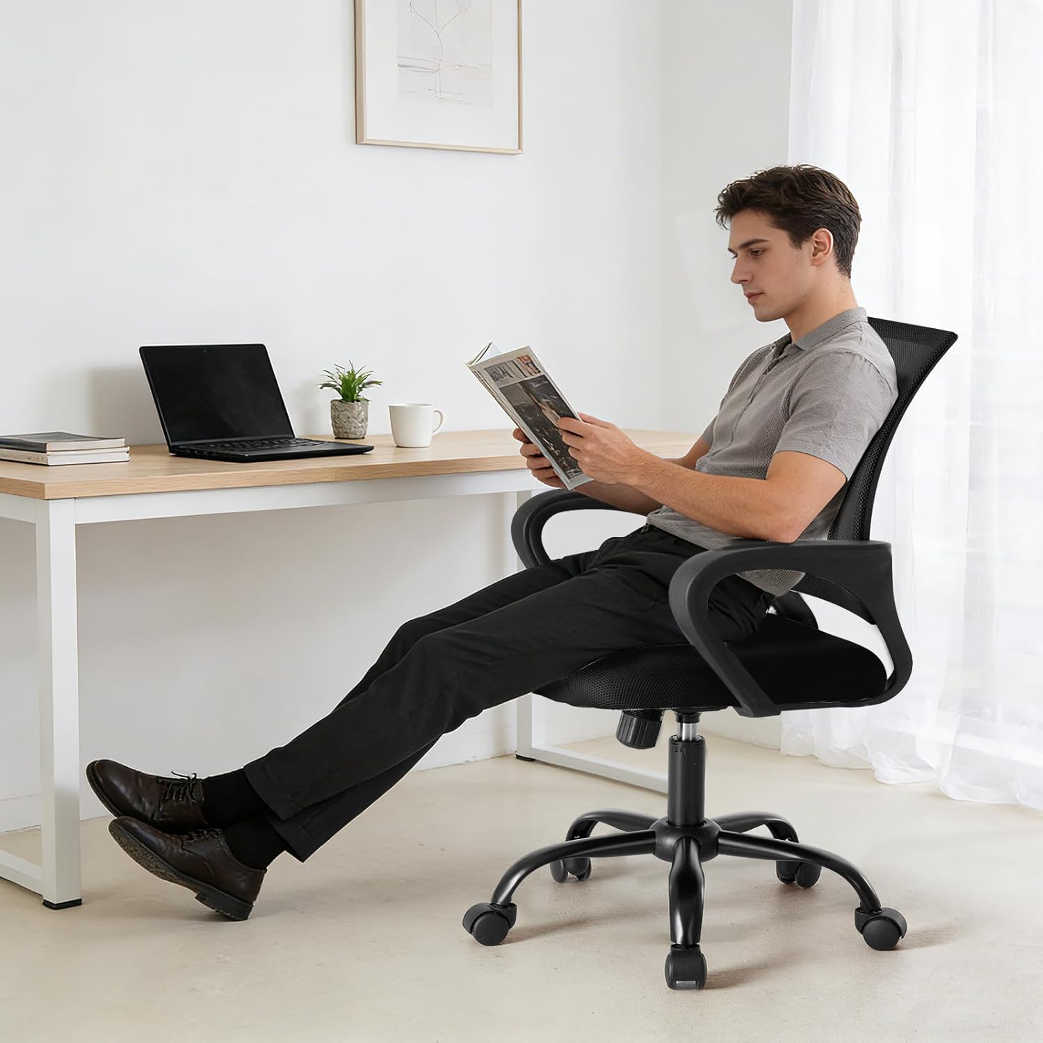 OLIXIS Office Desk Chair - Ergonomic Mid Back with Lumbar Support & Rocking Mode, Height Adjustable with Fixed Armrest, for Home, Computer, Gaming, Conference, Meeting, 360° Swivel, Black, 2 Pack - Image 8