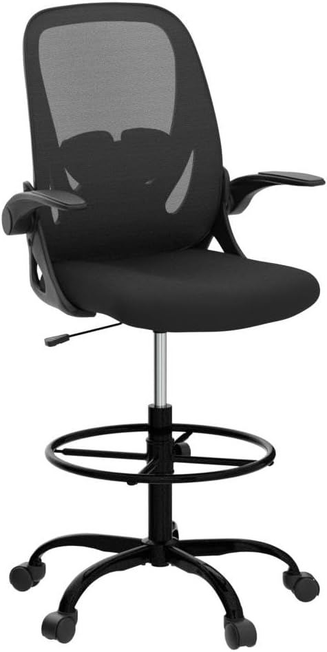Primy Drafting Chair Tall Office Chair with Flip-up Armrests Executive Ergonomic Computer Standing Desk Chair with Lumbar Support and Adjustable Footrest Ring (Black) - Image 5