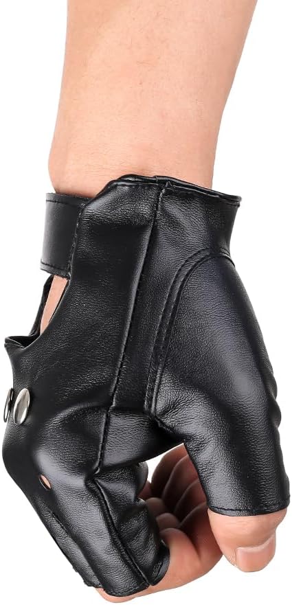 JISEN Men PU leather Punk Gloves Steampunk Gothic Half Finger Hook-Loop Mittens - Image 6