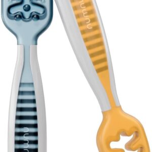 NumNum Baby Spoons Set, Baby Essentials Pre-Spoon GOOtensils for 6+ Months, First Stage Self-Feeding Spoons for Baby Led Weaning (BLW), Silicone Toddler Utensils, BPA-Free, 2 Pack Blue/Orange
