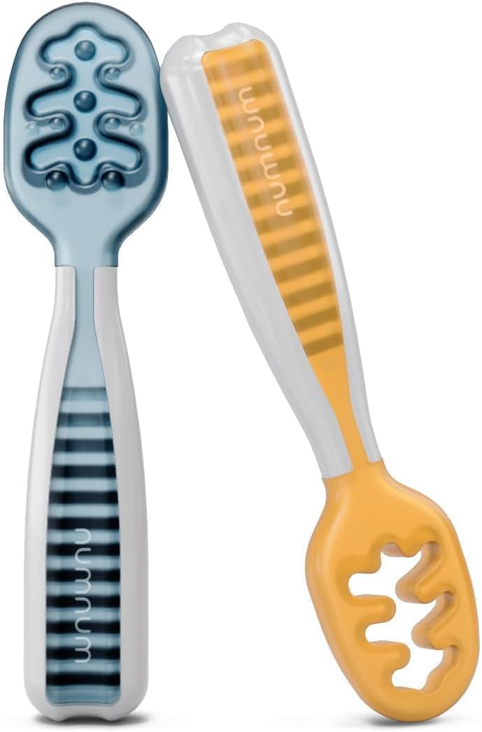 NumNum Baby Spoons Set, Baby Essentials Pre-Spoon GOOtensils for 6+ Months, First Stage Self-Feeding Spoons for Baby Led Weaning (BLW), Silicone Toddler Utensils, BPA-Free, 2 Pack Blue/Orange NumNum Baby Spoons Set, Baby Essentials Pre-Spoon GOOtensils for 6+ Months, First Stage Self-Feeding Spoons for Baby Led Weaning (BLW), Silicone Toddler Utensils, BPA-Free, 2 Pack Blue/Orange