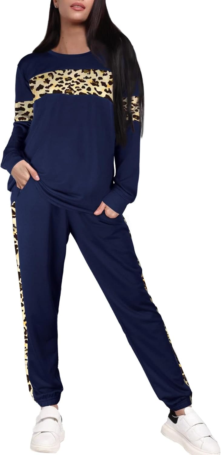 Leopard Sweatsuits Women 2 Piece Sets Fall Casual Crew neck Long Sleeve Tops pants Sexy Tracksuit with Pockets - Image 6