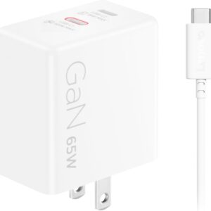 Lenovo Dual USB-C 65W GaN Charger, 2 USB-C Ports, for Laptops/Tablets & Phones & More, Compact Size, Foldable Plug, Includes 1.5m USB C Cable, Model/Type: CC65