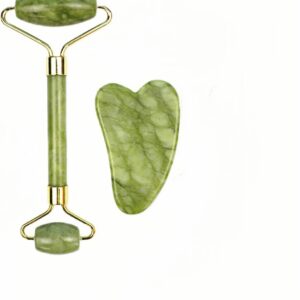 Stone Facial Massage Roller and Gua Sha Set Body Meridian Redness Skin Care Self Care for Men Women Massager for Face Eyes Neck Relieve Fine Lines and Wrinkles Quartz Home Massage 2-Sets Angle Green 4