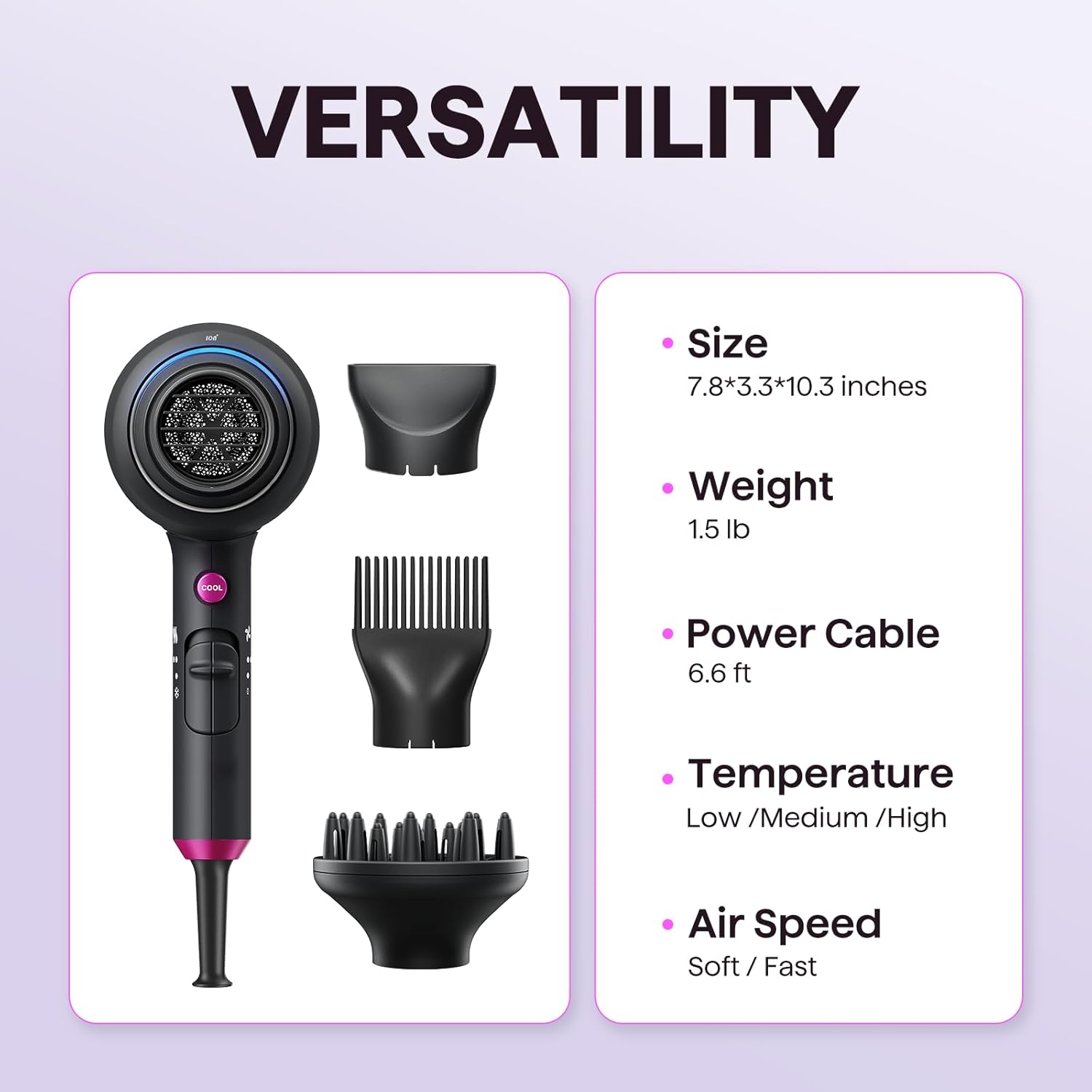 Wavytalk Hair Dryer with Diffuser, Blown Away Ionic Hair Dryer for Curly Hair with Comb, 1875W Fast Drying Blow Dryer with Ceramic Technology, 3 Attachments for All Hair Types, Light and Quiet, Black - Image 7
