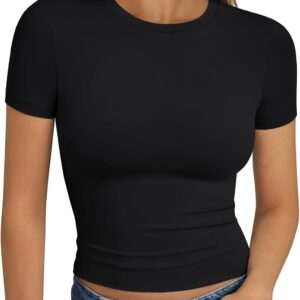 Trendy Queen Womens Short Sleeve T Shirts – Buttery Soft Summer Crop Tops Slim Fit Y2k Basic Tees for Workout