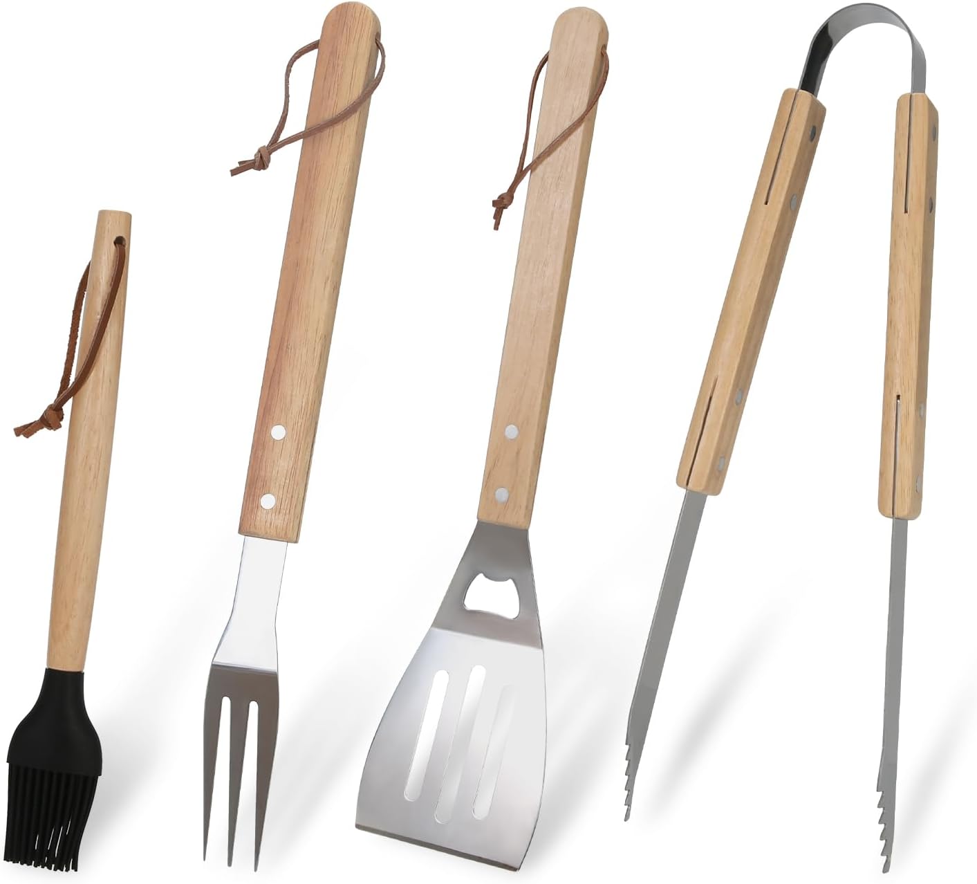 GreatChef Barbecue Grilling Utensils Set of 4, Stainless Steel Tools with Wood Handle, Meat Fork, Slotted Turner, Barbecue Tongs & Silicone Brush, Good BBQ Accessories for Outdoor, Camping & Party