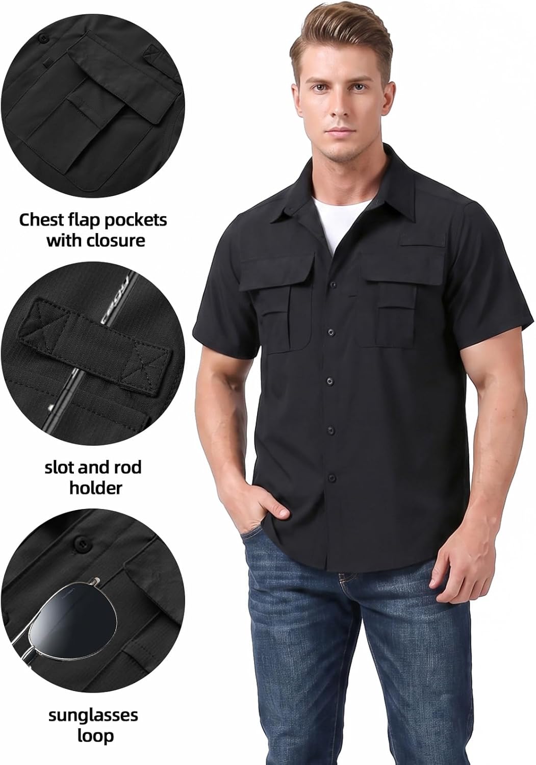 Mens Sun Protection Fishing Shirts Short Sleeves UPF50+ Button Down Quick Dry Shirts Hiking Zipper Pockets - Image 4