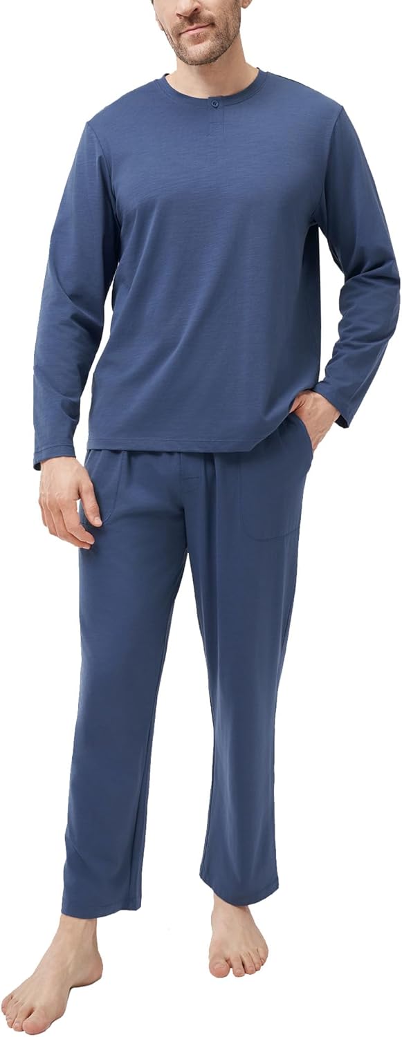 DAVID ARCHY Mens Pajamas Set Breathable Slub Cotton Henley Sleepwear, Textured Soft Loungewear for Hot Sleepers