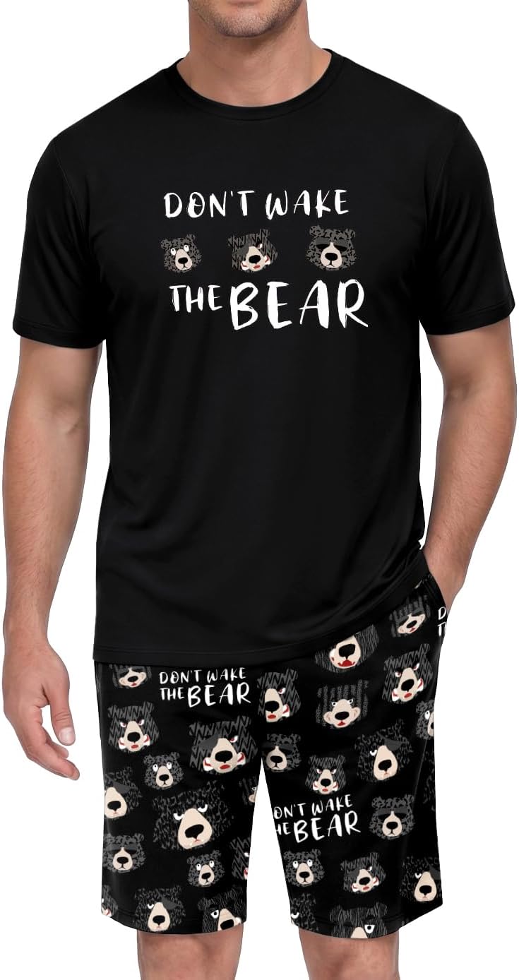 PrinStory Men Pajama Set Summer Pjs Sleepwear Short Sleeve Graphic Tee and Printed Shorts Novelty Loungewear With Pocket