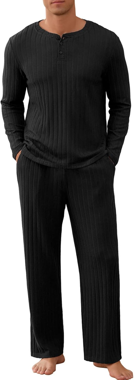 NITAGUT Men's Pajama Set Henley Collar Loungewear Long Sleeved Buttoned Sleepwear 2 Piece Pjs with Pockets