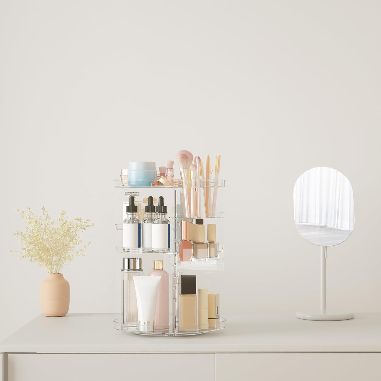 Rotating Makeup Organizer, DIY 8 Adjustable Layers Spinning Skincare Organizer, Cosmetic Display Case with Brush Holder Perfume Tray, Multi-Function Storage Carousel for Vanity Bathroom Countertop - Image 4
