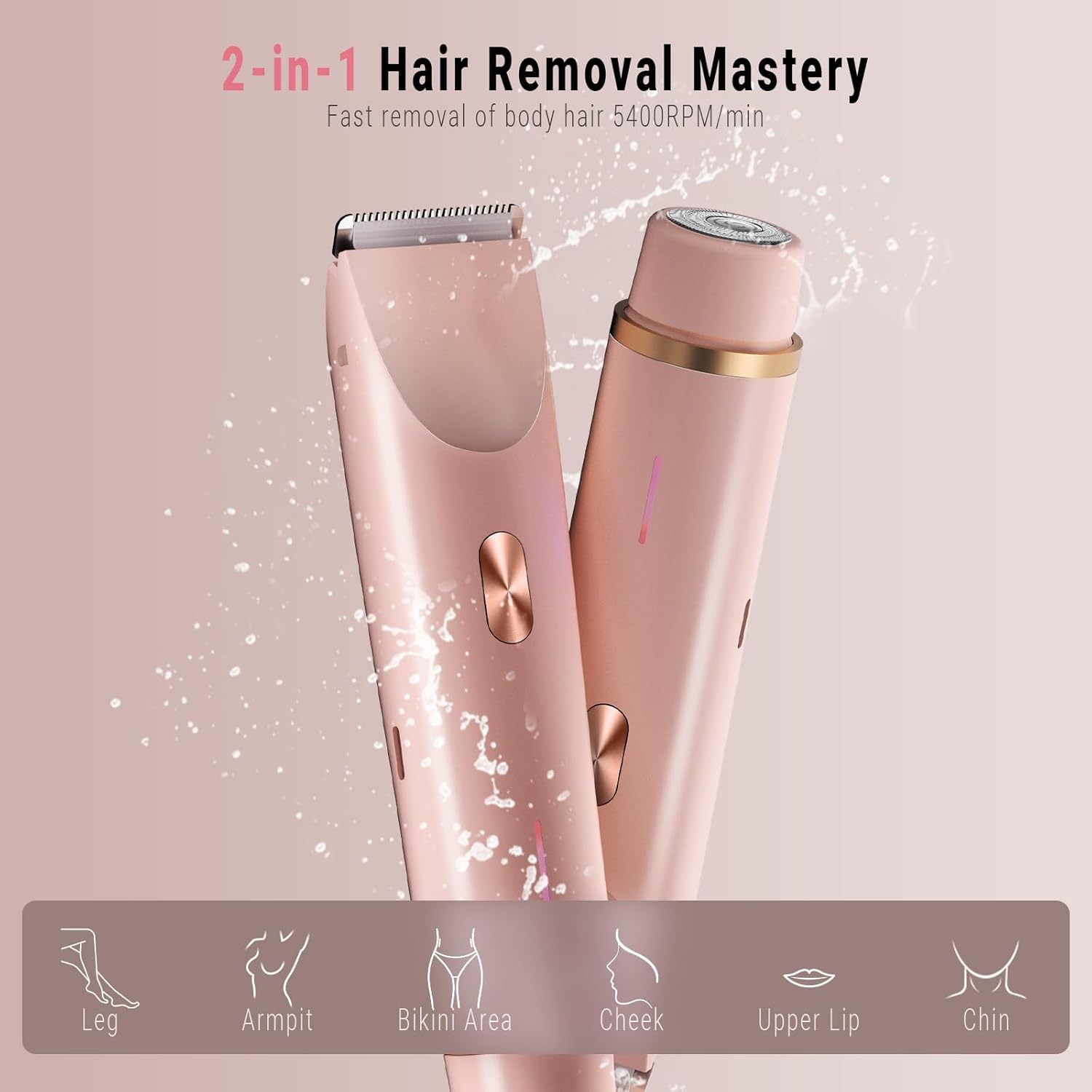 2-in-1 Bikini Trimmer for Women, Bikini Shaver with Dual Heads, Body and Facial Hair Removal, Rechargeable Cordless Electric Razors for Face Chin Pubic Underarm Legs, IPX7 Waterproof, Pink - Image 2
