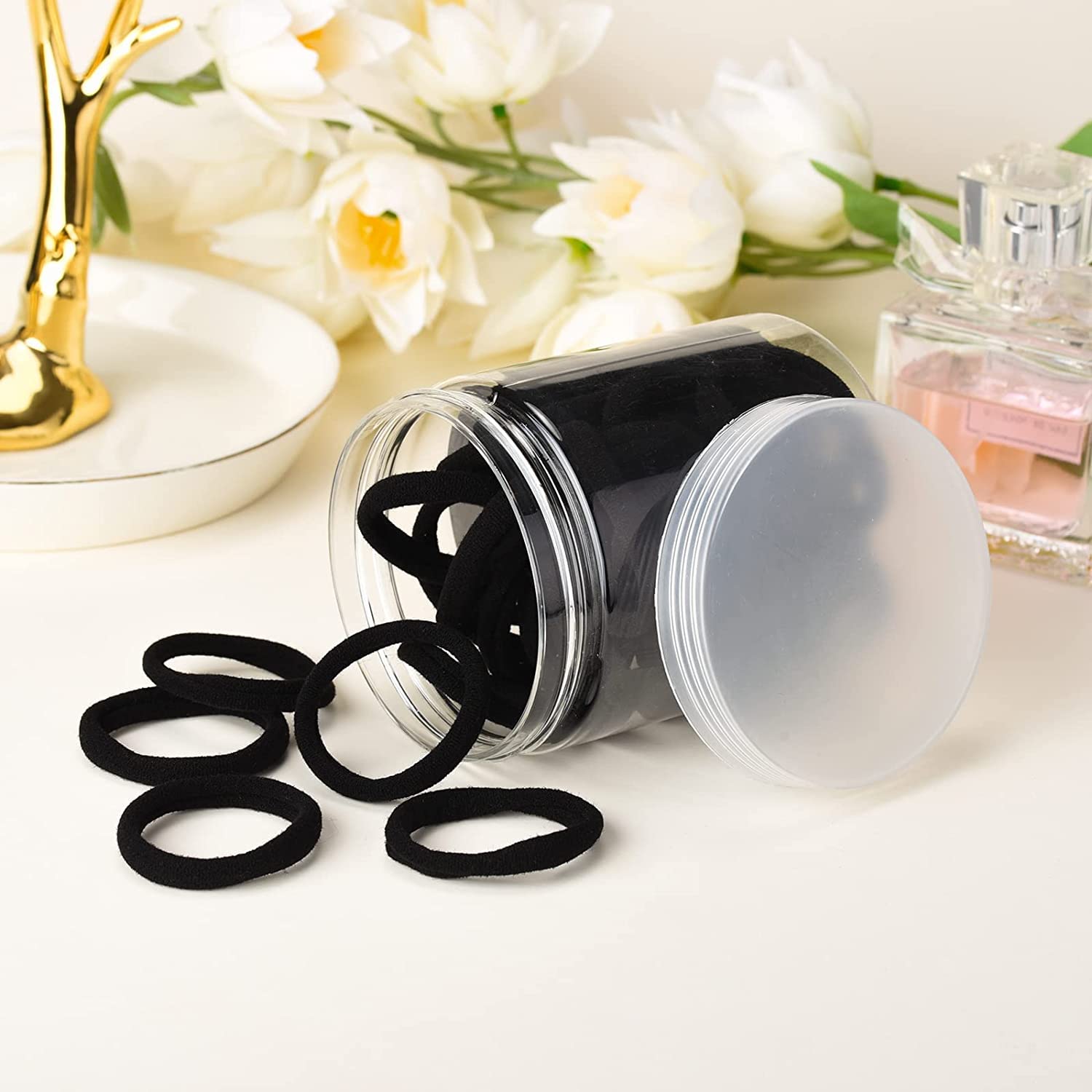 iFwevs 50PCS Black Hair Ties,Cotton Seamless Ponytail Holders,No Damage Elastics Hair Bands for Thick Heavy &Curly Hair - Image 5