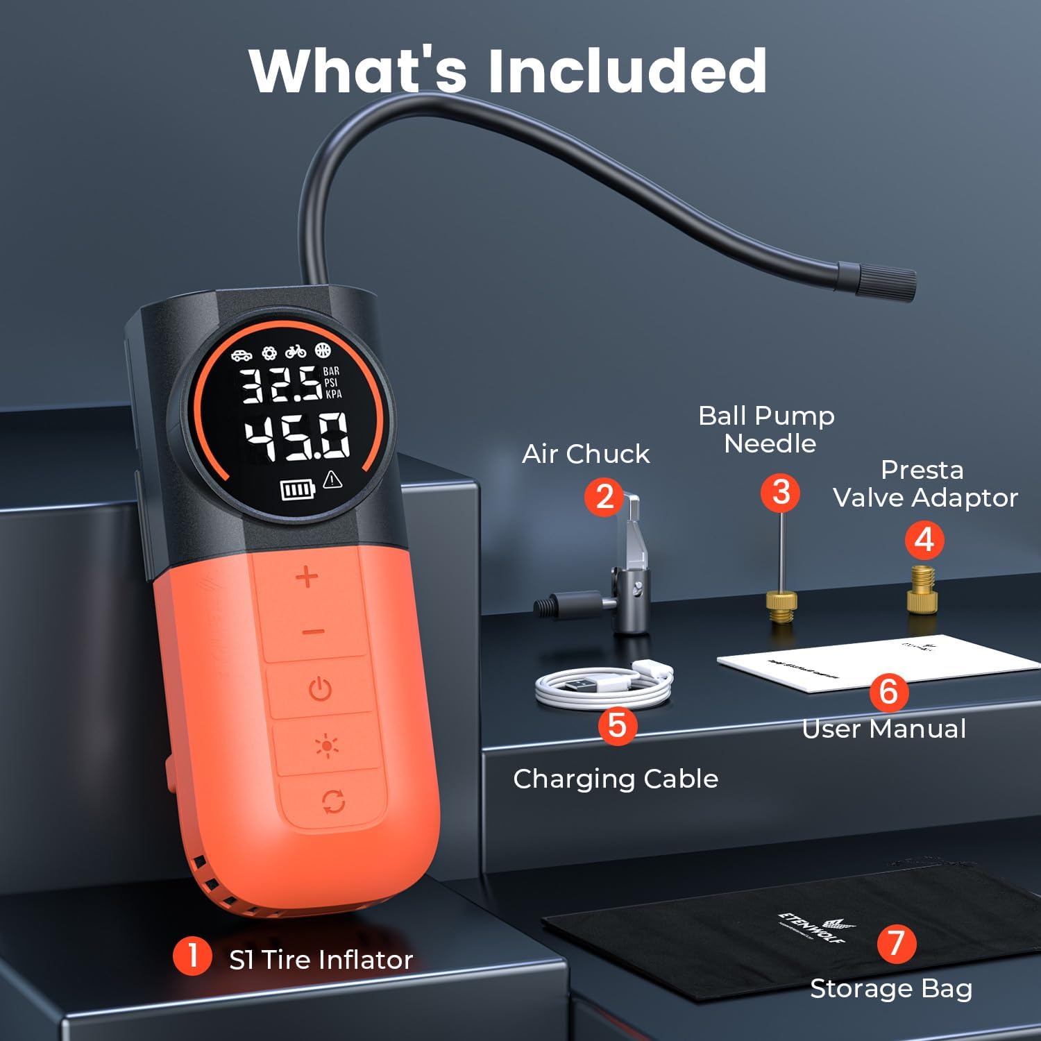 ETENWOLF S1 Tire Inflator Portable Air Compressor, 160PSI Air Pump for Car Tires, Bike, Motorcycle, Balls, Fast Inflation Tire Pump, Cordless bike Pump with LED Light & Digital Pressure Gauge (Orange) - Image 8