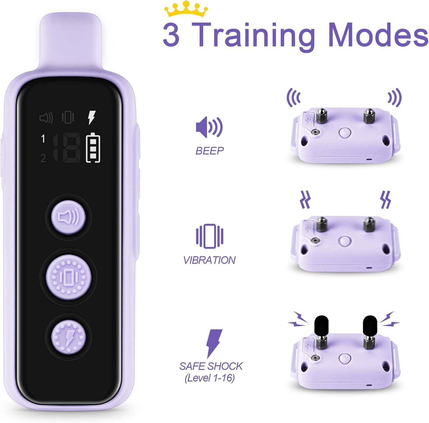Bousnic Dog Shock Collar for 2 Dogs - (8-120lbs) Waterproof Rechargeable Electric Dog Training Collar with Remote for Small Medium Large Dogs with Beep Vibration Safe Shock Modes(Purple) - Image 2