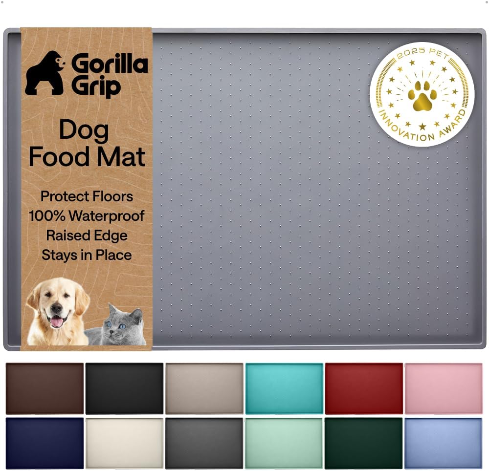 GORILLA GRIP 100% Waterproof Raised Edge BPA Free Silicone Pet Feeding Mat, Dog Cat Food Mats Contain Spills Protects Floors, Placemats for Cats and Dogs Water Bowl, 18.5×11.5, Gray GORILLA GRIP 100% Waterproof Raised Edge BPA Free Silicone Pet Feeding Mat, Dog Cat Food Mats Contain Spills Protects Floors, Placemats for Cats and Dogs Water Bowl, 18.5×11.5, Gray