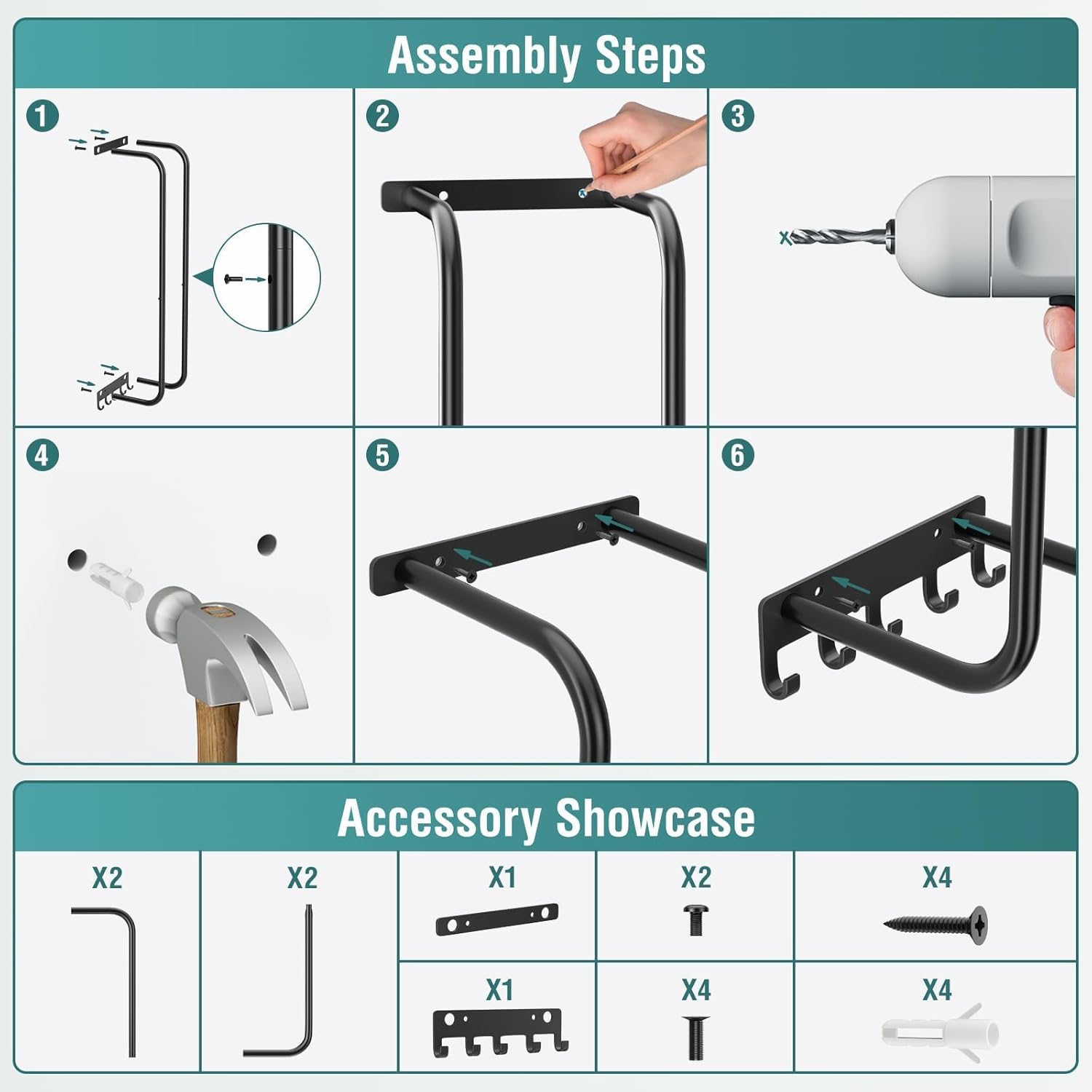 Towel Rack Bathroom Wall Holder: 15.9 Inch Wall Mounted Shower Organizer, for Rolled Towel Storage, 2 Metal Racks Plus Extra 5 Hooks, for Modern Small Space Bathroom, RV Campers (Matte Black) - Image 8