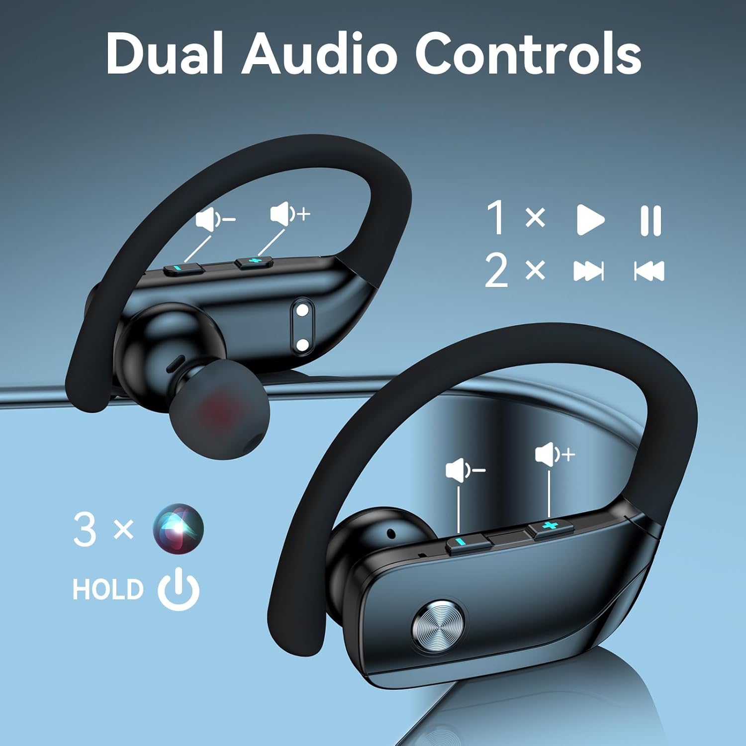 bmani Ear Buds Wireless Earbuds Bluetooth Headphones with 80H Playtime LED Display Case, Over-Ear Hook with Mic, Stereo Sound, Easy Button Controls, Sports Earphones for Running Workout Gym Black - Image 4