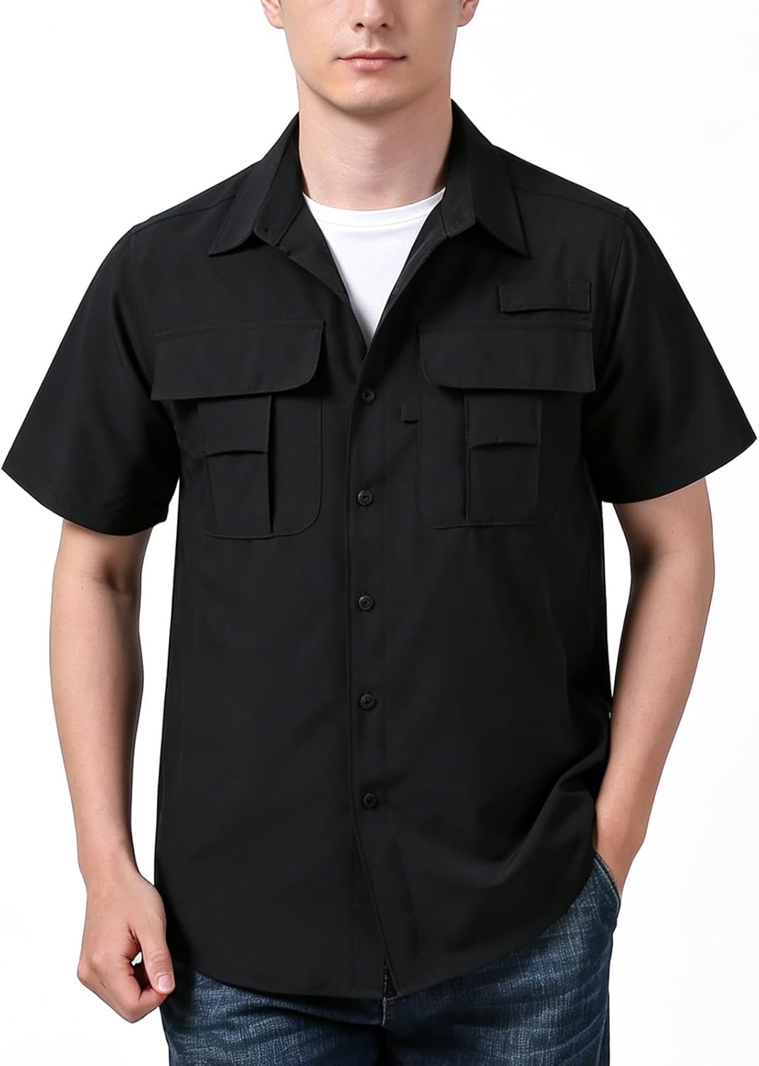 Mens Sun Protection Fishing Shirts Short Sleeves UPF50+ Button Down Quick Dry Shirts Hiking Zipper Pockets
