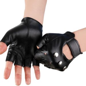 JISEN Men PU leather Punk Gloves Steampunk Gothic Half Finger Hook-Loop Mittens