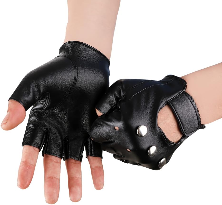 JISEN Men PU leather Punk Gloves Steampunk Gothic Half Finger Hook-Loop Mittens