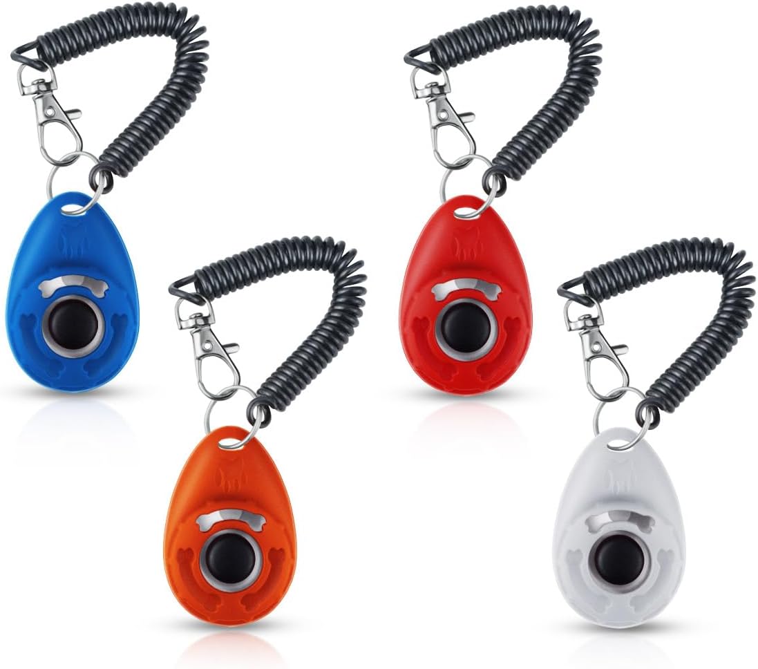 yuntop 4 Pieces Pet Training Clicker with Wrist Strap and Dog Training Treat Pouch Pet Training Clicker for Training Puppy Cats Birds Dog Clicker Training Kit Behavioral (White, Red, Orange, Blue)