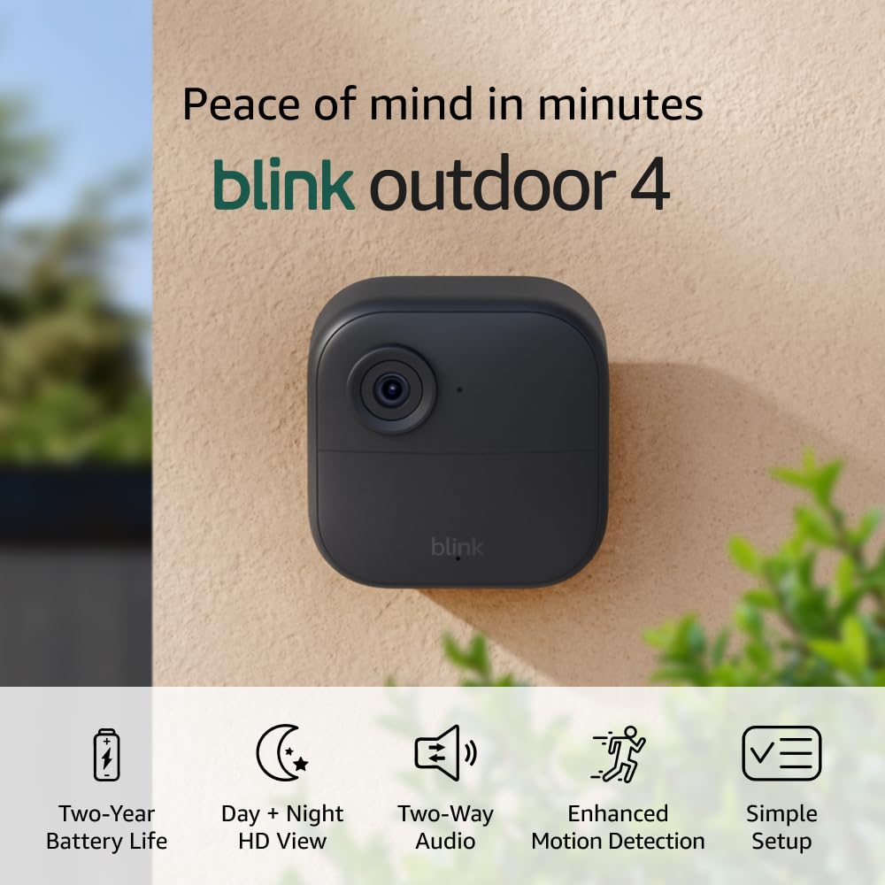 Blink Outdoor 4 – Wireless smart security camera, two-year battery life, 1080p HD day and infrared night live view, two-way talk. Sync Module Core included – 5 camera system Blink Outdoor 4 – Wireless smart security camera, two-year battery life, 1080p HD day and infrared night live view, two-way talk. Sync Module Core included – 5 camera system
