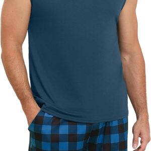 KUYIGO Mens Pajamas Set Tank Top and Plaid Shorts Casual 2 Piece Sleeveless Loungewear Pjs Sleepwear with Pockets