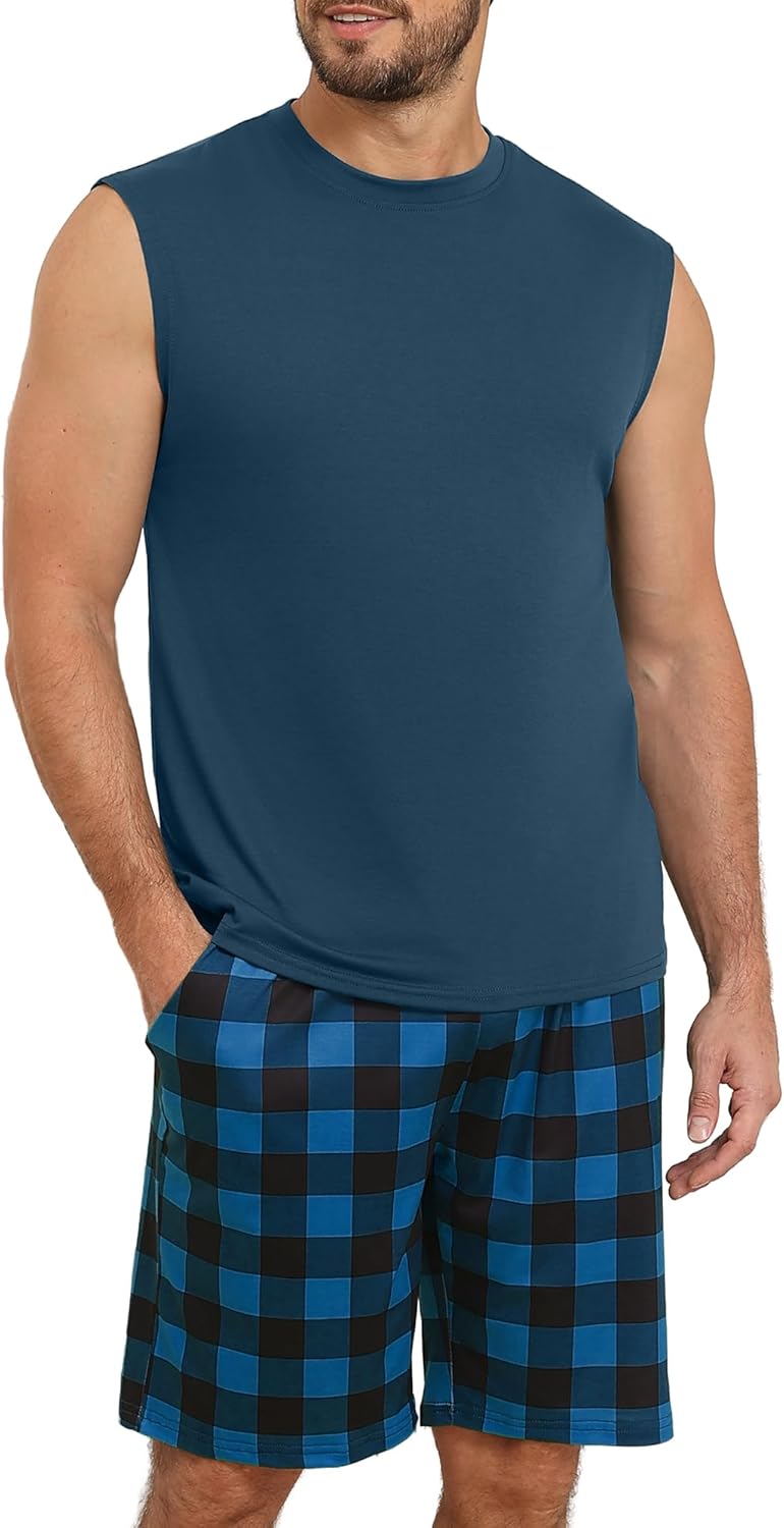 KUYIGO Mens Pajamas Set Tank Top and Plaid Shorts Casual 2 Piece Sleeveless Loungewear Pjs Sleepwear with Pockets KUYIGO Mens Pajamas Set Tank Top and Plaid Shorts Casual 2 Piece Sleeveless Loungewear Pjs Sleepwear with Pockets