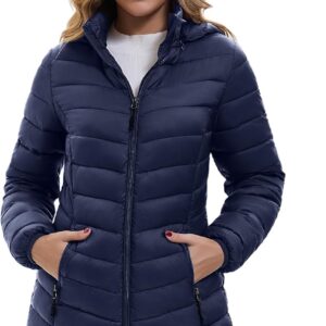 ZMC Women’s Packable Winter Puffer Jacket, Lightweight Hooded Puffer Coat, Quilted Mid-Length Coat with Detachable Hood