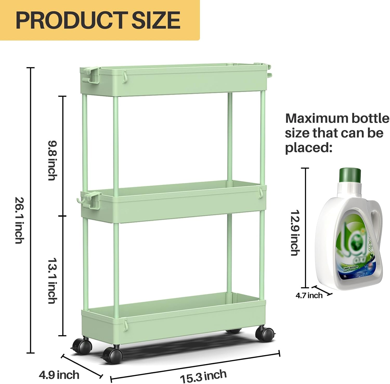 SPACEKEEPER Slim Rolling Storage Cart, 3 Tier Bathroom Organizer Utility Cart Laundry Room Organization Mobile Shelving Unit for Kitchen, Bathroom, Office, Bedroom, Narrow Places, Green - Image 7