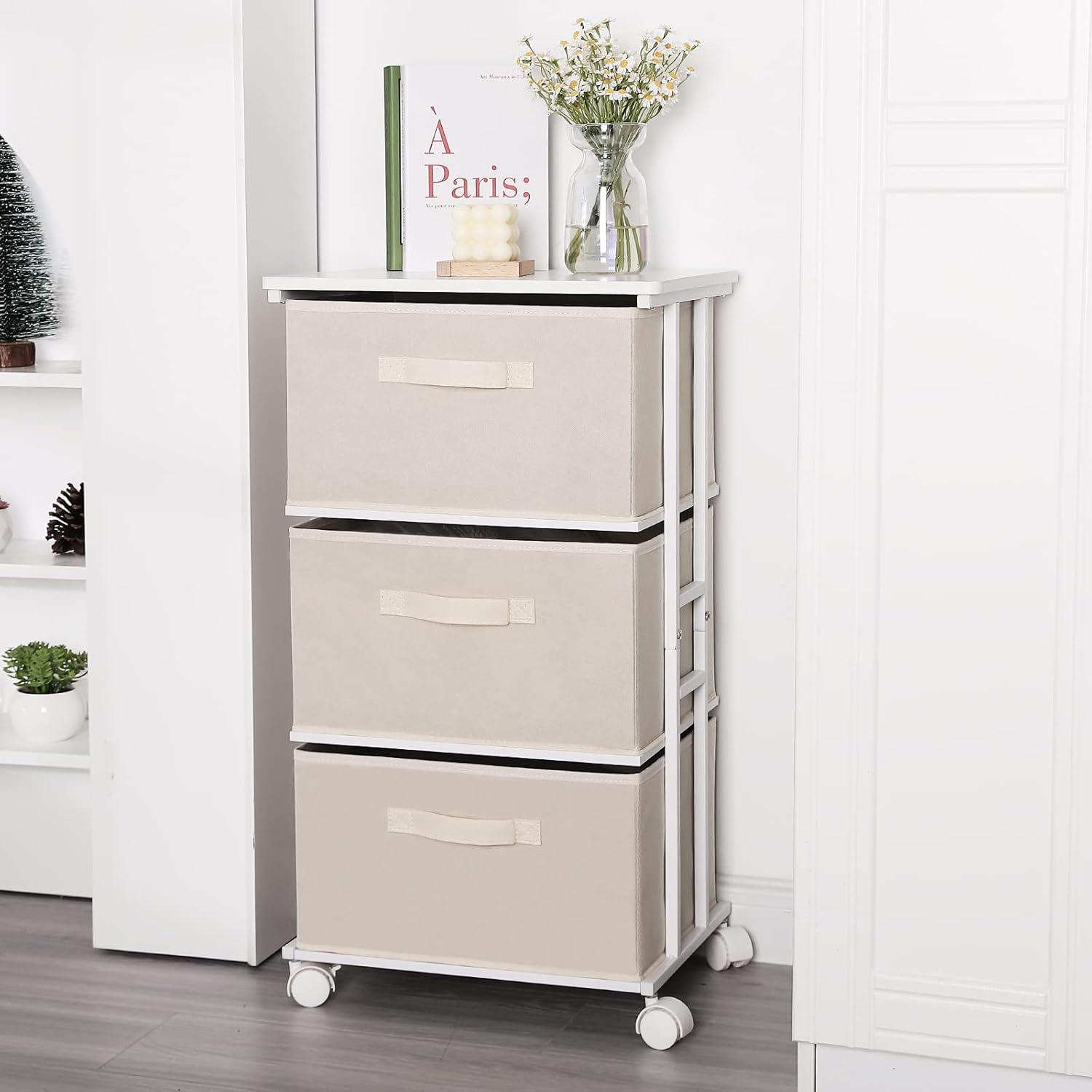 MAX Houser Dresser Tower with 3 Drawers for Bedroom, Fabric Storage Organizer Unit, Chest of Drawers with with WoodTop, Small Vertical Storage for Guest Room, Closet, Entryway, Nursery(Beige) - Image 6