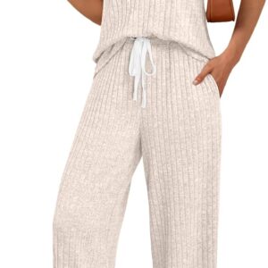 LILLUSORY Women’s 2 Piece Matching Lounge Sets Summer Henley Neck Wide Leg Pants Casual Sweat Suit
