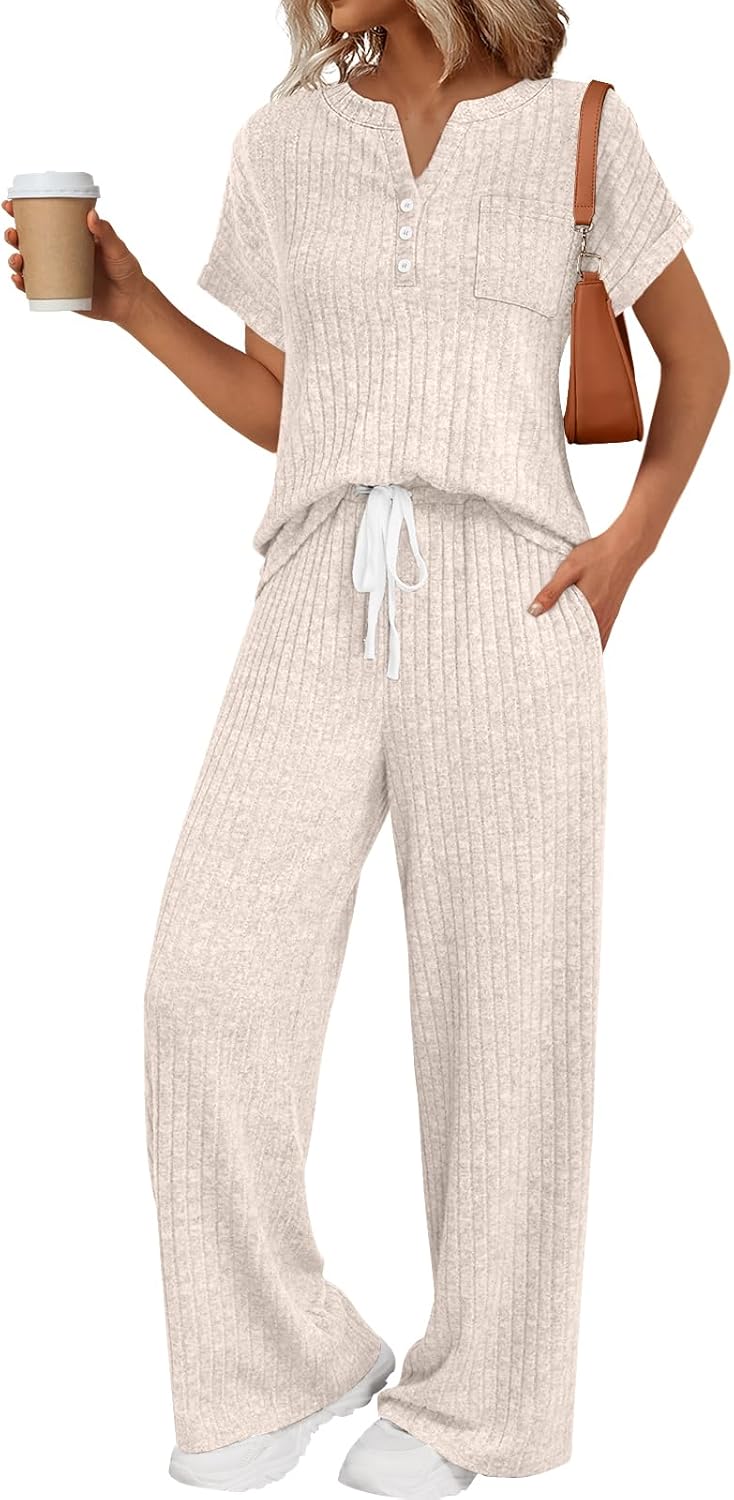 LILLUSORY Women's 2 Piece Matching Lounge Sets Summer Henley Neck Wide Leg Pants Casual Sweat Suit