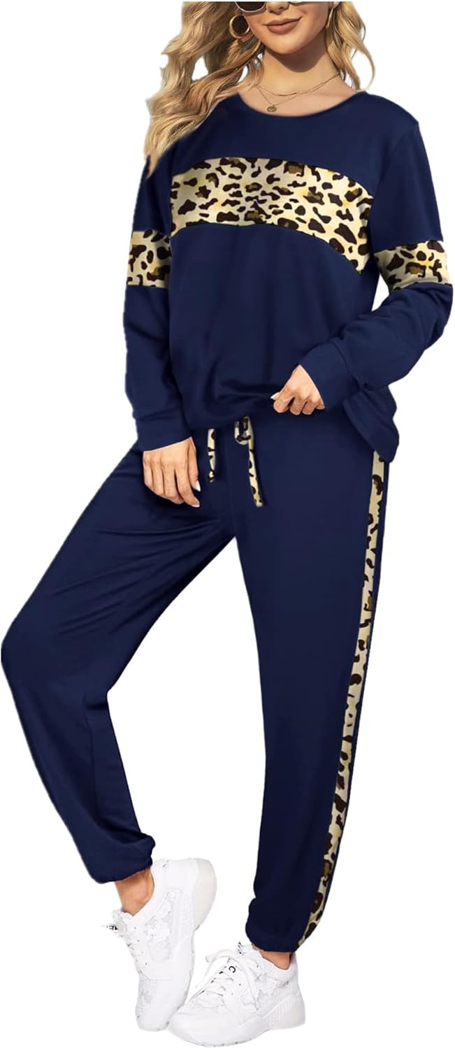 Leopard Sweatsuits Women 2 Piece Sets Fall Casual Crew neck Long Sleeve Tops pants Sexy Tracksuit with Pockets