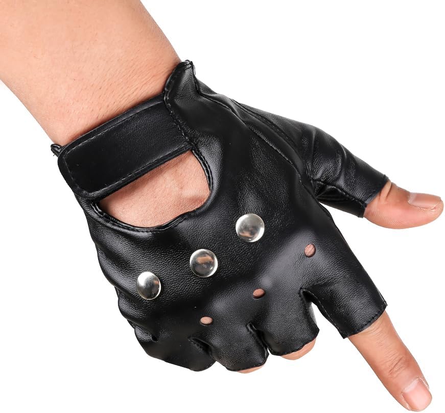 JISEN Men PU leather Punk Gloves Steampunk Gothic Half Finger Hook-Loop Mittens - Image 2