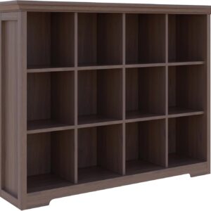 OSCHF Cube Shelf Bookcase with Base – Wooden 3 Tiers Floor Standing Low Storage Cabinet for Home and Office, 12-Cube Lattice Bookshelf, Walnut