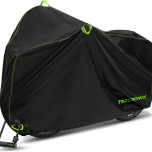 Topcrown Bike Cover Waterproof Outdoor Storage for 1/2/3 Bikes, Bicycle Cover Rain Sun UV Dust Wind Proof with Storage Bag for Mountain Road Bike/Ebike (210D Black+Green, XL Size for 1 bike)