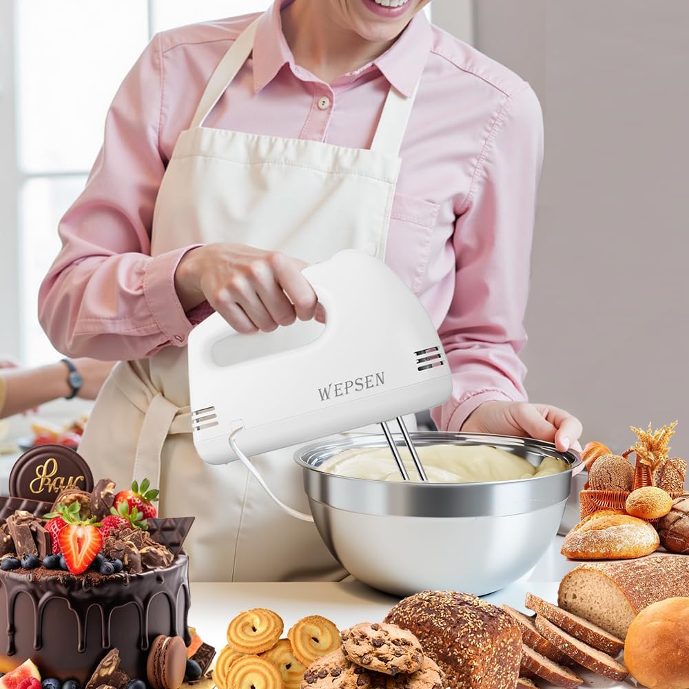 WEPSEN 5-Speed Electric Hand Mixer, 4 Large Mixing Bowls Set, Handheld Mixers with Whisks Beater, Stainless Steel Metal Nesting Bowl Measuring Cups Spoons Kitchen Cake Blender for Baking Supplies - Image 6
