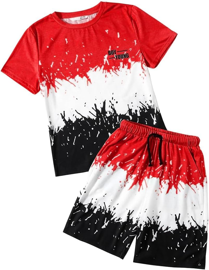 Kids Tween Boy Casual Clothing Set Letter Graphic Colorblock Tee +Shorts Summer Clothing Set 4-14 Years