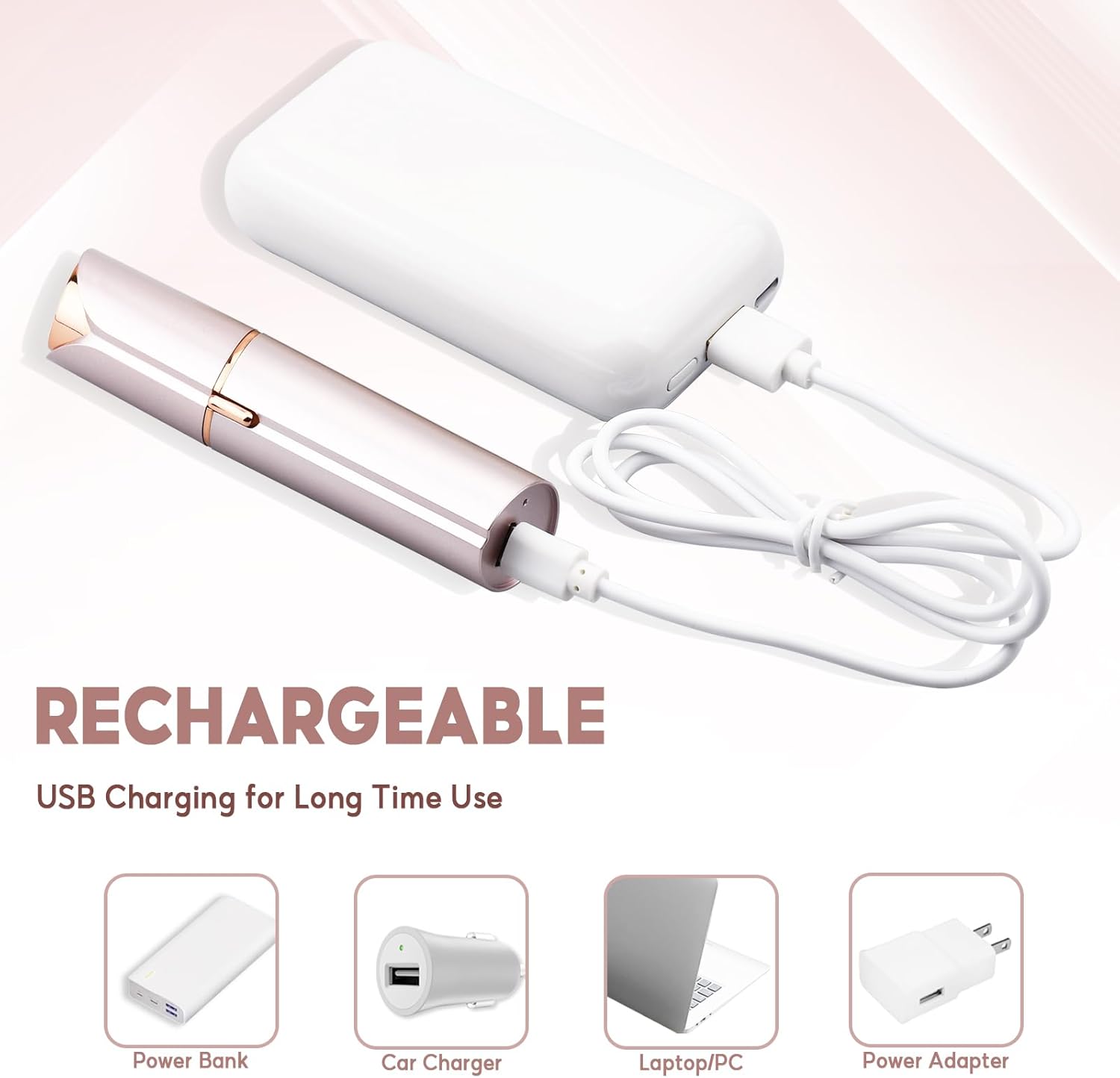 innobeaut Facial Hair Removal for Women, Electric Painless Facial Hair Remover for Face, Lip, Chin with USB Rechargeable and 2 Replacement Heads,Rose Gold - Image 3