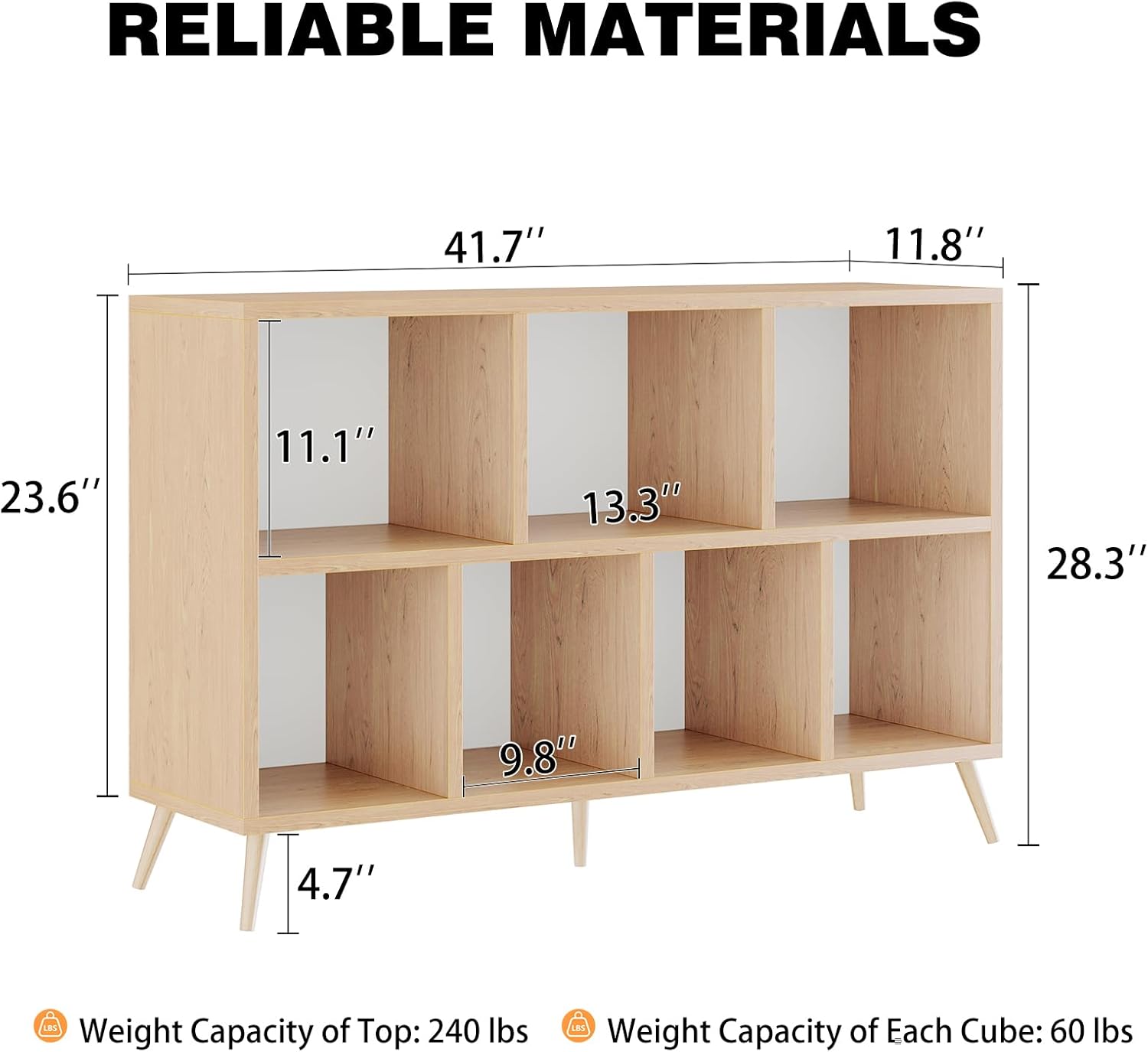 7-Cube Storage Organizer with Natural Wood Legs, Mid-Century Modern Bookcase and Display Cabinet, Freestanding Toy Storage Bookshelf for Living Room, Kids Room and Bedroom, Natural - Image 3
