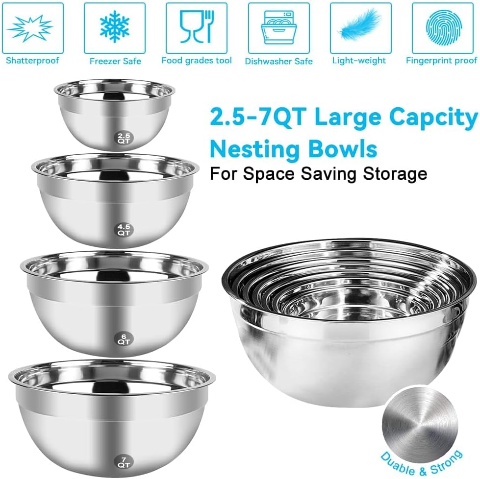 WEPSEN Hand Mixer Electric Mixing Bowls Set, 5 Speeds Handheld Mixer with 4 Nesting Stainless Steel Mixing Bowl, Measuring Cups Spoons 200W Kitchen Blender Whisk Beater Baking Supplies For Beginner - Image 6