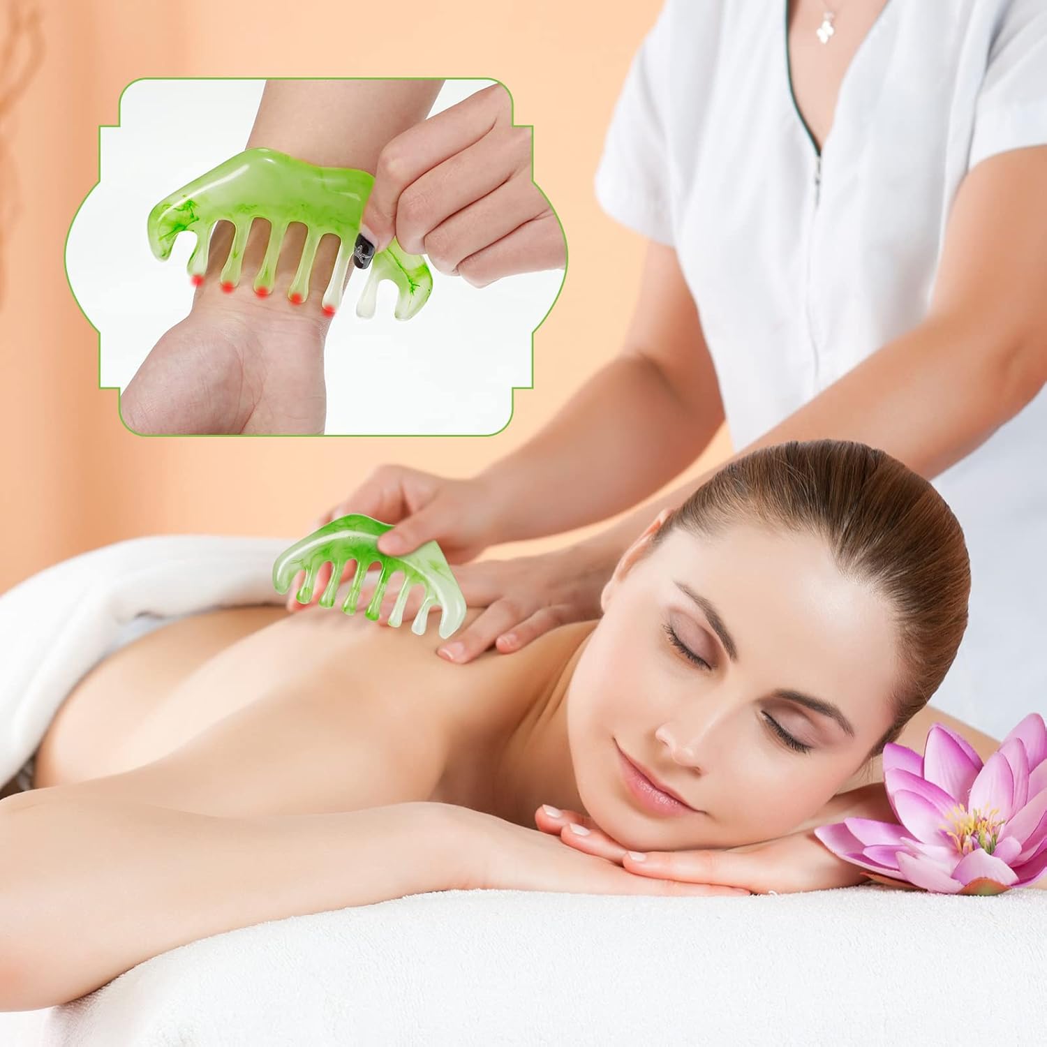 Geiserailie 2 Pcs Jade Combs Esthetician Supplies Massage Stone Hair Gua Sha Scraping Scalp Comb Facial Massage Tool Handheld Head Tools Head Caring Therapy for Women(Elegant Style) - Image 7