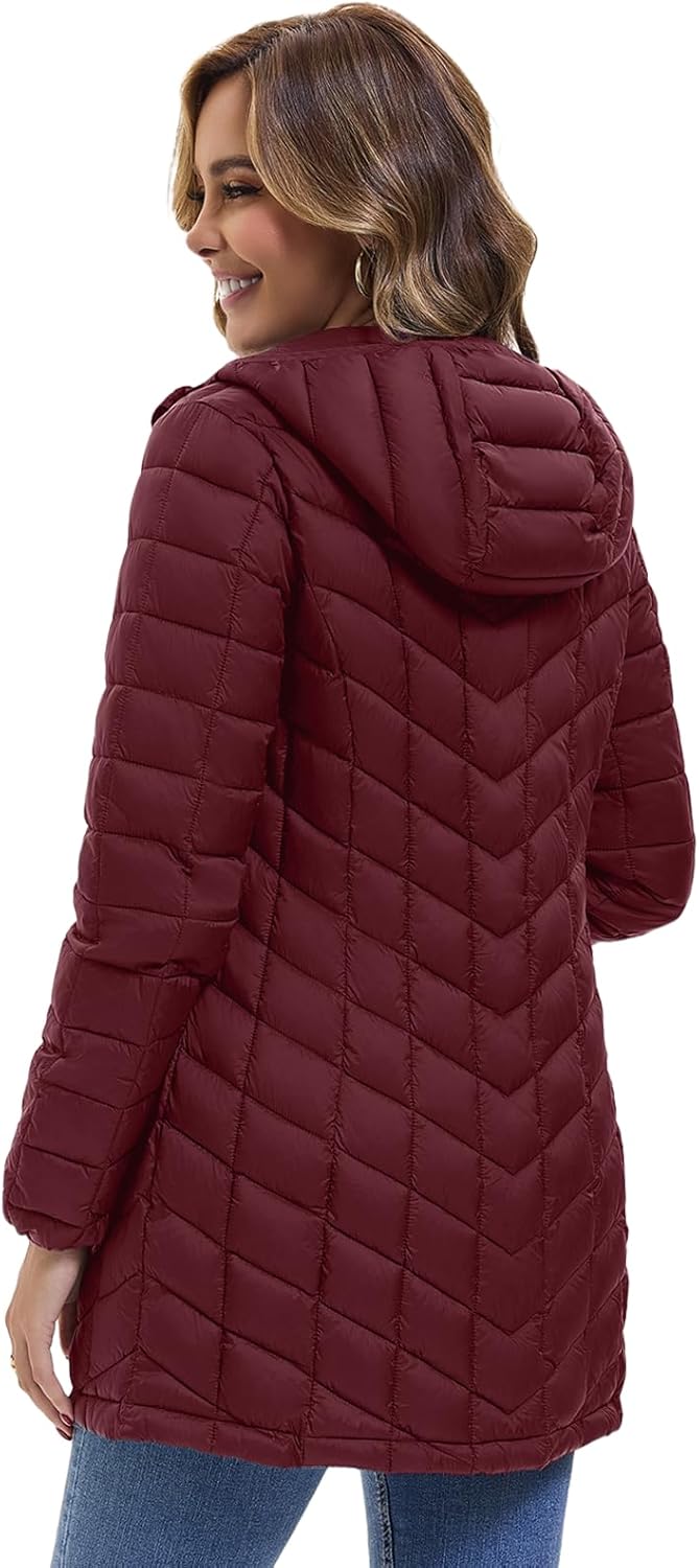 ZMC Women’s Packable Lightweight Puffer Jacket with Hood, Mid-Length Quilted Winter Coat with Zipper Pockets - Image 2